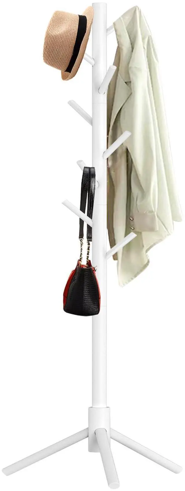 Main image of Wooden Coat Rack Stand, Freestanding Coat Rack with 8 Hooks, 3 Adjustable Size Coat Tree for Hats, Coats, Scarves bags, Coat Hanger Stand /Office/Entryway White