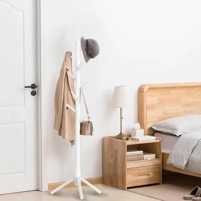 Alt view image 3 of 7 - Wooden Coat Rack Stand, Freestanding Coat Rack with 8 Hooks, 3 Adjustable Size Coat Tree for Hats, Coats, Scarves bags, Coat Hanger Stand /Office/Entryway White