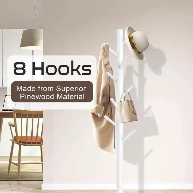 Alt view image 2 of 7 - Wooden Coat Rack Stand, Freestanding Coat Rack with 8 Hooks, 3 Adjustable Size Coat Tree for Hats, Coats, Scarves bags, Coat Hanger Stand /Office/Entryway White