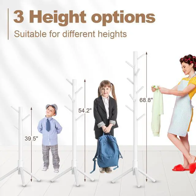 Alt view image 4 of 7 - Wooden Coat Rack Stand, Freestanding Coat Rack with 8 Hooks, 3 Adjustable Size Coat Tree for Hats, Coats, Scarves bags, Coat Hanger Stand /Office/Entryway White