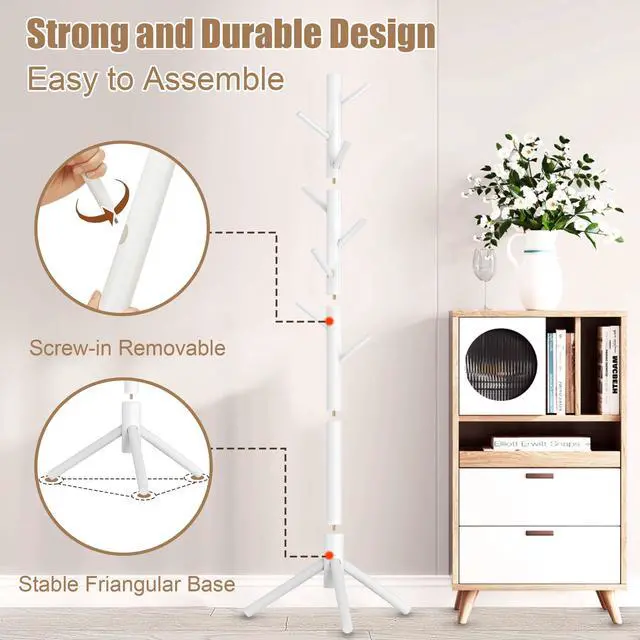 Alt view image 5 of 7 - Wooden Coat Rack Stand, Freestanding Coat Rack with 8 Hooks, 3 Adjustable Size Coat Tree for Hats, Coats, Scarves bags, Coat Hanger Stand /Office/Entryway White