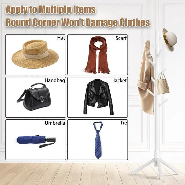 Alt view image 6 of 7 - Wooden Coat Rack Stand, Freestanding Coat Rack with 8 Hooks, 3 Adjustable Size Coat Tree for Hats, Coats, Scarves bags, Coat Hanger Stand /Office/Entryway White