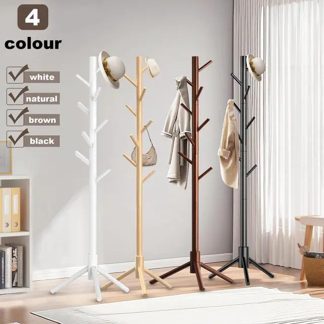 Alt view image 7 of 7 - Wooden Coat Rack Stand, Freestanding Coat Rack with 8 Hooks, 3 Adjustable Size Coat Tree for Hats, Coats, Scarves bags, Coat Hanger Stand /Office/Entryway White