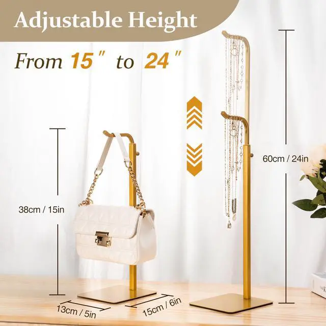 Alt view image 2 of 7 - 3 Pack Purse Holder Handbag Display Stand: Gold Hanger Rack for Bags, Purses, and Wreath, Adjustable Hook Stand for Tabletop, Closet, and Retail Use for Vendors