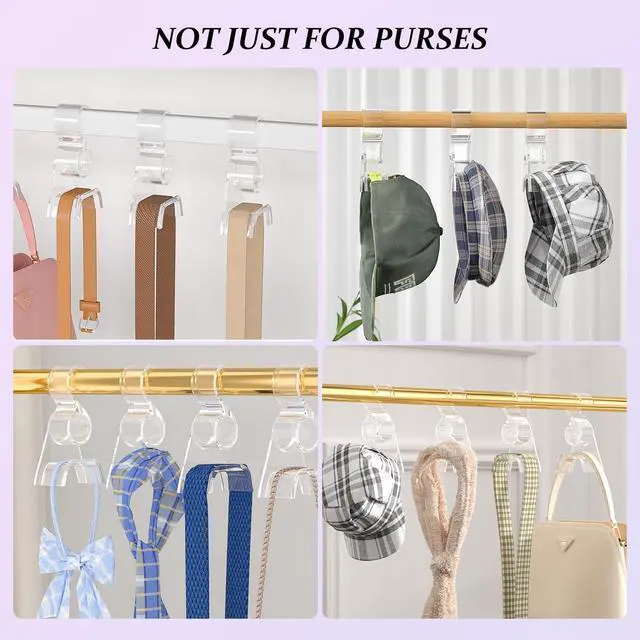 Alt view image 5 of 7 - Purse Hanger for Closet 6 Pcs,Acrylic Purse Organizer Hooks,Handbags Hanging Holder for Bag Scarf Belt,Clear