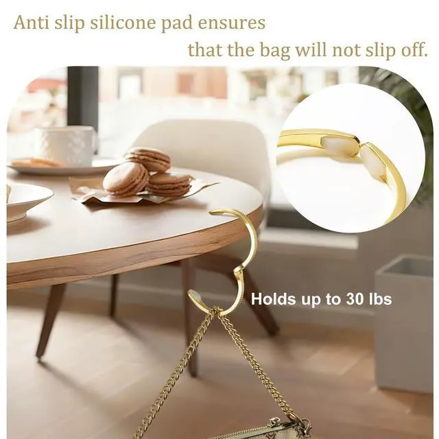 Alt view image 3 of 7 - Purse Hook for Table, 18K Gold Plated Mesh Link Bracelet for Women, Holds up to 30 lbs, Portable 2-in-1 Handbag Hanger, Premium Anti-Slip Bag Holder with Gift Box, Ideal Gift