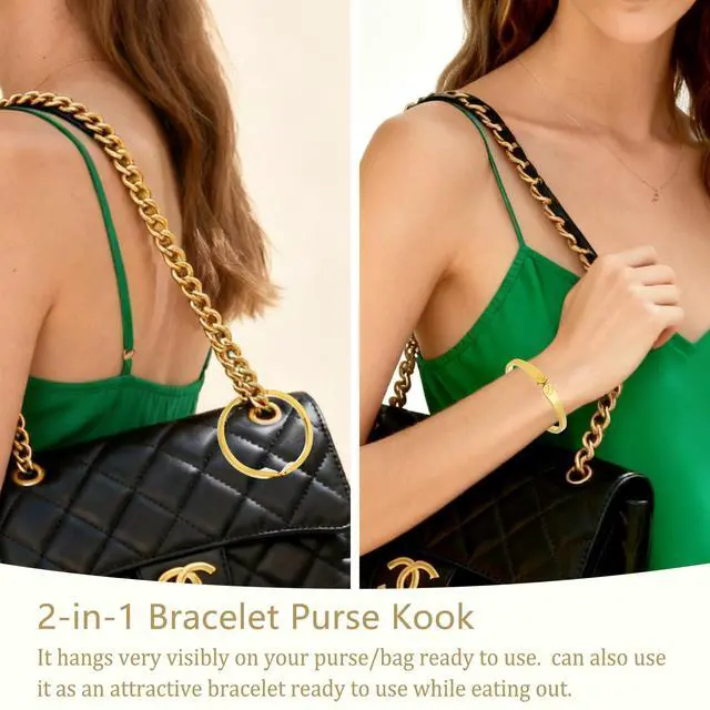Alt view image 2 of 7 - Purse Hook for Table, 18K Gold Plated Mesh Link Bracelet for Women, Holds up to 30 lbs, Portable 2-in-1 Handbag Hanger, Premium Anti-Slip Bag Holder with Gift Box, Ideal Gift
