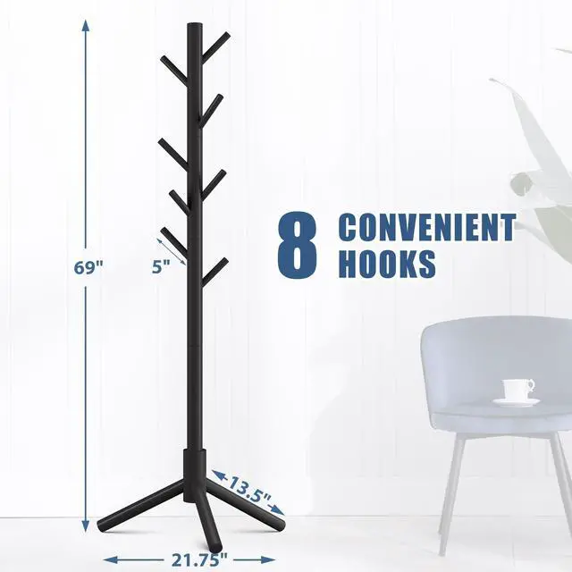 Alt view image 2 of 6 - Wooden Coat Rack Stand with 8 Hooks New Zealand Pine 3 Adjustable Coat Standing Tree Easy Assembly for Coats, Hats, Scarves and Handbags for Entryway, Hallway, Bedroom, Office