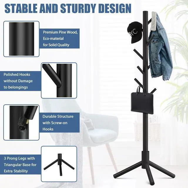 Alt view image 3 of 6 - Wooden Coat Rack Stand with 8 Hooks New Zealand Pine 3 Adjustable Coat Standing Tree Easy Assembly for Coats, Hats, Scarves and Handbags for Entryway, Hallway, Bedroom, Office