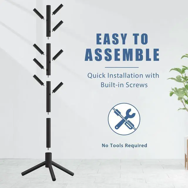 Alt view image 4 of 6 - Wooden Coat Rack Stand with 8 Hooks New Zealand Pine 3 Adjustable Coat Standing Tree Easy Assembly for Coats, Hats, Scarves and Handbags for Entryway, Hallway, Bedroom, Office