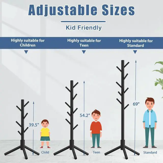 Alt view image 5 of 6 - Wooden Coat Rack Stand with 8 Hooks New Zealand Pine 3 Adjustable Coat Standing Tree Easy Assembly for Coats, Hats, Scarves and Handbags for Entryway, Hallway, Bedroom, Office