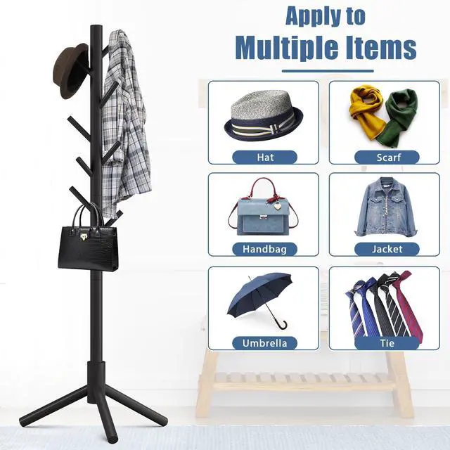 Alt view image 6 of 6 - Wooden Coat Rack Stand with 8 Hooks New Zealand Pine 3 Adjustable Coat Standing Tree Easy Assembly for Coats, Hats, Scarves and Handbags for Entryway, Hallway, Bedroom, Office