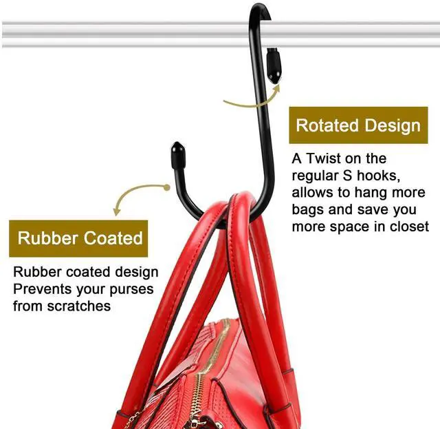Alt view image 3 of 6 - 8 Pack Purse Hanger for Closet, Vinyl Coated Unique Twist Design Black Bag Hanger Hooks, 5 Inch Large Closet Rod Home Storage Hooks Purse Organizer for Hanging Handbags, Belts, Hat, Backpack