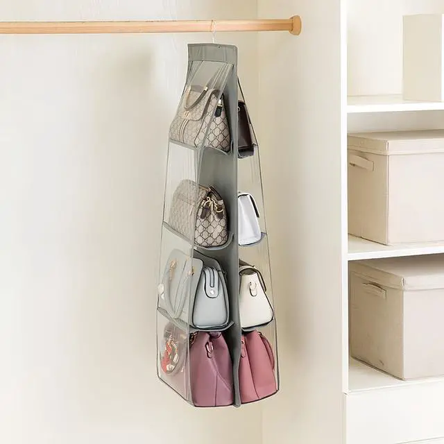 Alt view image 4 of 4 - 8 Pockets Clear Handbag & Purse Organizer Hanging Bag Storage - Space Saving Hanging Shelf for Closet, Wardrobe, Over Door (2 Pack, Grey)
