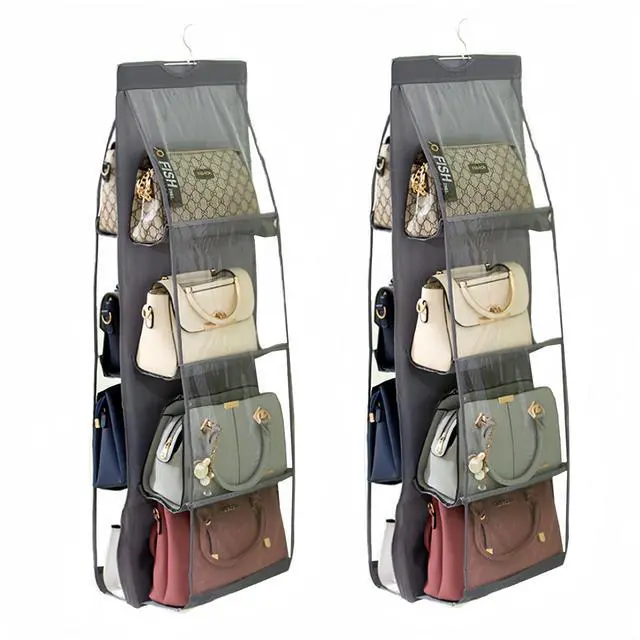 Main image of 8 Pockets Clear Handbag & Purse Organizer Hanging Bag Storage - Space Saving Hanging Shelf for Closet, Wardrobe, Over Door (2 Pack, Grey)