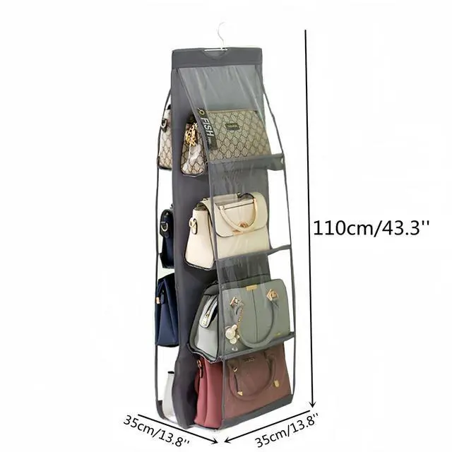 Alt view image 2 of 4 - 8 Pockets Clear Handbag & Purse Organizer Hanging Bag Storage - Space Saving Hanging Shelf for Closet, Wardrobe, Over Door (2 Pack, Grey)