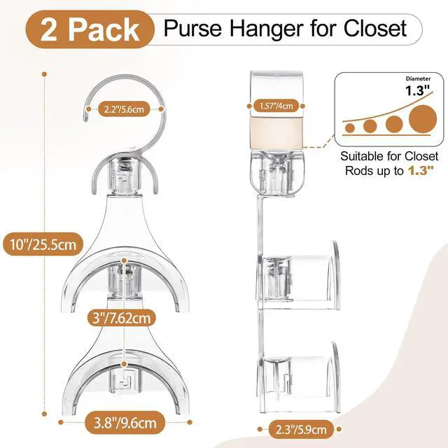 Alt view image 5 of 7 - Clear Purse Hanger for Closet, 2 Pack Wardrobe Rod Vertical Hanging Handbag Organizer with 4 Holders, Keeps Bags Non-Crushed and Neatly Stored, Smooth Purse Storage Hooks, Easy Access