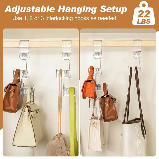 Alt view image 6 of 7 - Clear Purse Hanger for Closet, 2 Pack Wardrobe Rod Vertical Hanging Handbag Organizer with 4 Holders, Keeps Bags Non-Crushed and Neatly Stored, Smooth Purse Storage Hooks, Easy Access