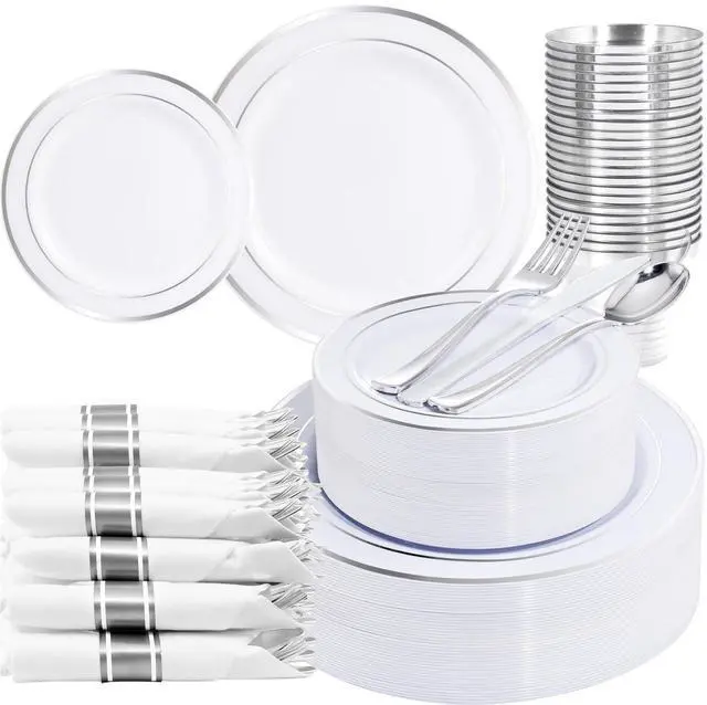 Main image of 210 Piece Silver Plastic Dinnerware Set for 30 Guests, Include: 30 Dinner Plates, 30 Dessert Plates, 30 Pre Rolled Napkins with Silverware and 30 Silver Cups