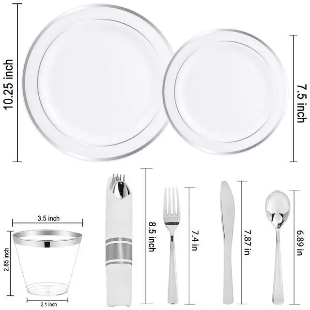 Alt view image 2 of 7 - 210 Piece Silver Plastic Dinnerware Set for 30 Guests, Include: 30 Dinner Plates, 30 Dessert Plates, 30 Pre Rolled Napkins with Silverware and 30 Silver Cups