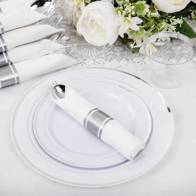 Alt view image 3 of 7 - 210 Piece Silver Plastic Dinnerware Set for 30 Guests, Include: 30 Dinner Plates, 30 Dessert Plates, 30 Pre Rolled Napkins with Silverware and 30 Silver Cups