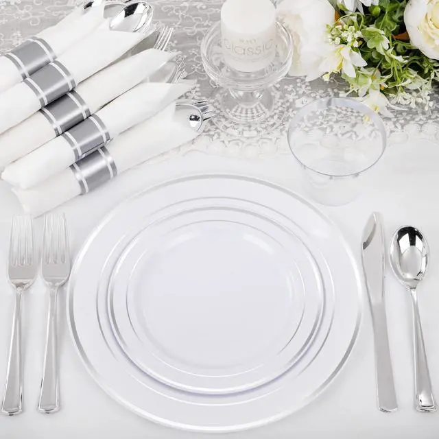 Alt view image 5 of 7 - 210 Piece Silver Plastic Dinnerware Set for 30 Guests, Include: 30 Dinner Plates, 30 Dessert Plates, 30 Pre Rolled Napkins with Silverware and 30 Silver Cups