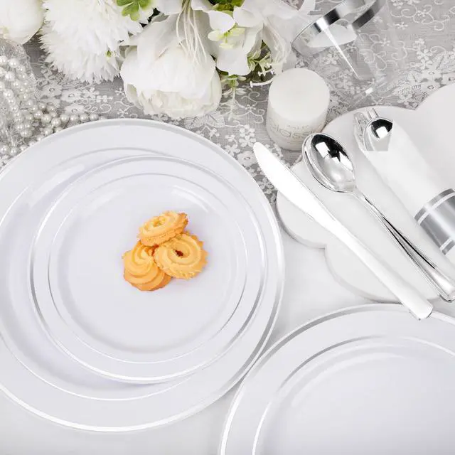 Alt view image 4 of 7 - 210 Piece Silver Plastic Dinnerware Set for 30 Guests, Include: 30 Dinner Plates, 30 Dessert Plates, 30 Pre Rolled Napkins with Silverware and 30 Silver Cups