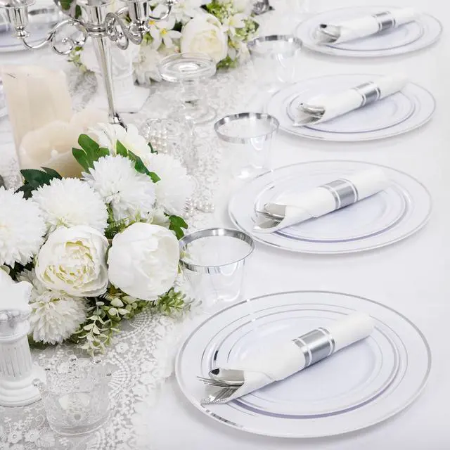 Alt view image 6 of 7 - 210 Piece Silver Plastic Dinnerware Set for 30 Guests, Include: 30 Dinner Plates, 30 Dessert Plates, 30 Pre Rolled Napkins with Silverware and 30 Silver Cups