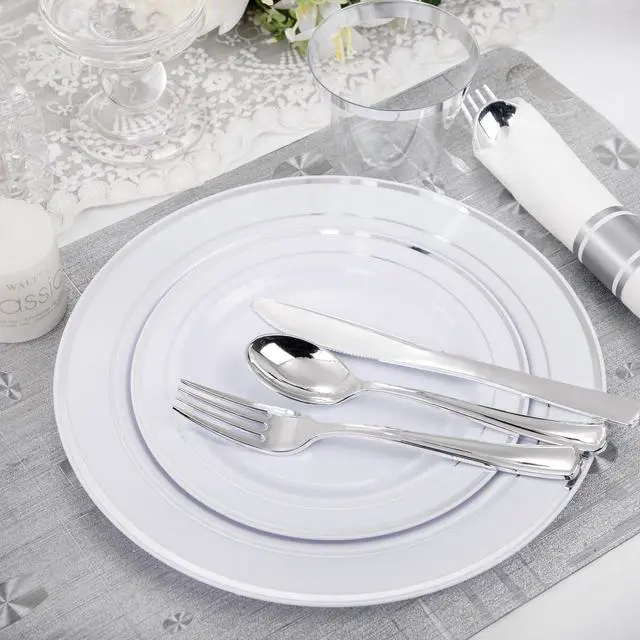 Alt view image 7 of 7 - 210 Piece Silver Plastic Dinnerware Set for 30 Guests, Include: 30 Dinner Plates, 30 Dessert Plates, 30 Pre Rolled Napkins with Silverware and 30 Silver Cups