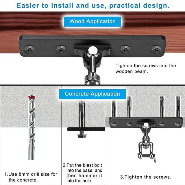Alt view image 5 of 7 - Heavy Bag Hanger,Wall Ceiling Mount Hook 360° Rotation Wood Beam Holder Body Weight Strength Training Systems, Aerial Yoga Swing & Hammock, Resistance Band for Wooden Sets(600 LB Capacity)