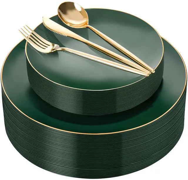 Main image of 150Pcs Green Plastic Plates with Gold Rim, Fancy Disposable Plates,Green Plates Set include 30 Dinner Plate,30 Dessert Plate, 90 Plastic Silverware Set for Wedding&Party