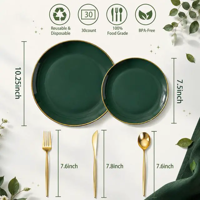 Alt view image 3 of 7 - 150Pcs Green Plastic Plates with Gold Rim, Fancy Disposable Plates,Green Plates Set include 30 Dinner Plate,30 Dessert Plate, 90 Plastic Silverware Set for Wedding&Party