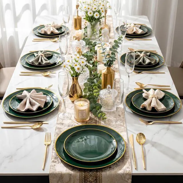 Alt view image 4 of 7 - 150Pcs Green Plastic Plates with Gold Rim, Fancy Disposable Plates,Green Plates Set include 30 Dinner Plate,30 Dessert Plate, 90 Plastic Silverware Set for Wedding&Party