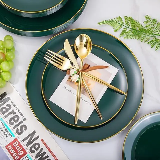 Alt view image 5 of 7 - 150Pcs Green Plastic Plates with Gold Rim, Fancy Disposable Plates,Green Plates Set include 30 Dinner Plate,30 Dessert Plate, 90 Plastic Silverware Set for Wedding&Party
