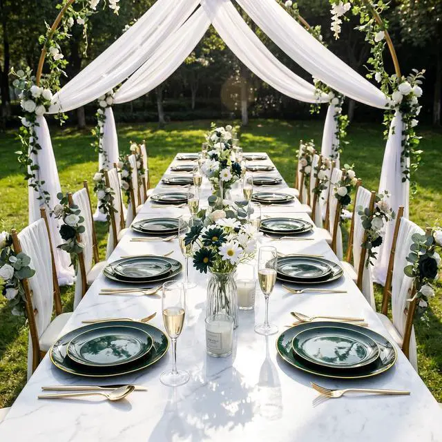 Alt view image 6 of 7 - 150Pcs Green Plastic Plates with Gold Rim, Fancy Disposable Plates,Green Plates Set include 30 Dinner Plate,30 Dessert Plate, 90 Plastic Silverware Set for Wedding&Party