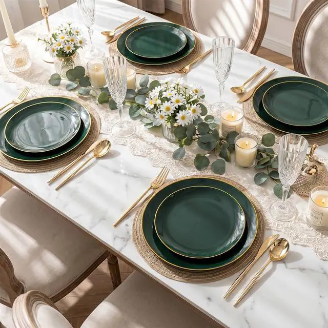 Alt view image 7 of 7 - 150Pcs Green Plastic Plates with Gold Rim, Fancy Disposable Plates,Green Plates Set include 30 Dinner Plate,30 Dessert Plate, 90 Plastic Silverware Set for Wedding&Party