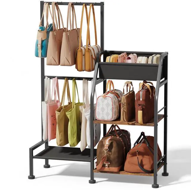 Main image of Purse Organizer for Closet - Purse Rack Stand with 12 Hooks, 2 Wooden Shelves Purse Storage for Closet, Large Capacity Backpack Storage, Handbag Organizer for Home, Living Room, Black