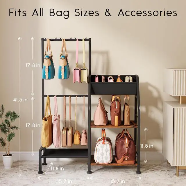 Alt view image 2 of 7 - Purse Organizer for Closet - Purse Rack Stand with 12 Hooks, 2 Wooden Shelves Purse Storage for Closet, Large Capacity Backpack Storage, Handbag Organizer for Home, Living Room, Black