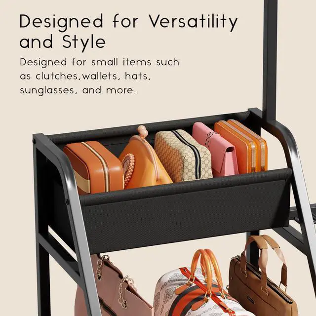 Alt view image 3 of 7 - Purse Organizer for Closet - Purse Rack Stand with 12 Hooks, 2 Wooden Shelves Purse Storage for Closet, Large Capacity Backpack Storage, Handbag Organizer for Home, Living Room, Black