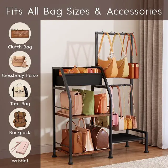 Alt view image 4 of 7 - Purse Organizer for Closet - Purse Rack Stand with 12 Hooks, 2 Wooden Shelves Purse Storage for Closet, Large Capacity Backpack Storage, Handbag Organizer for Home, Living Room, Black