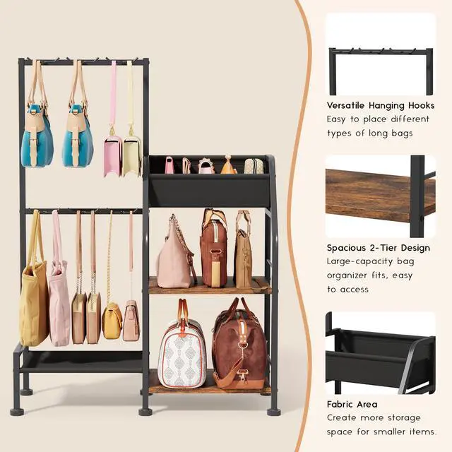 Alt view image 5 of 7 - Purse Organizer for Closet - Purse Rack Stand with 12 Hooks, 2 Wooden Shelves Purse Storage for Closet, Large Capacity Backpack Storage, Handbag Organizer for Home, Living Room, Black