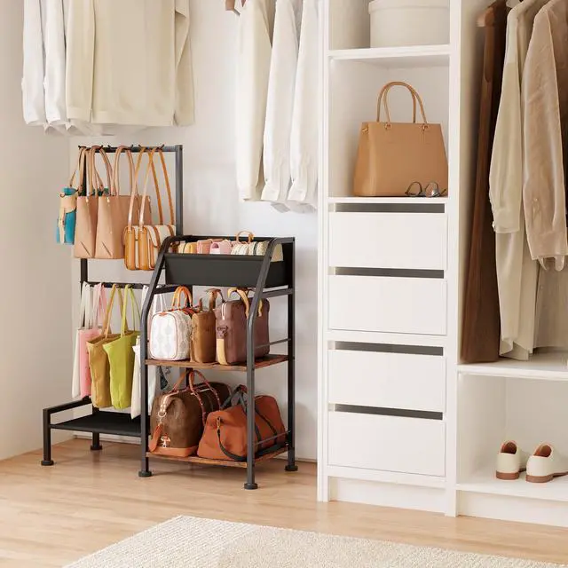 Alt view image 6 of 7 - Purse Organizer for Closet - Purse Rack Stand with 12 Hooks, 2 Wooden Shelves Purse Storage for Closet, Large Capacity Backpack Storage, Handbag Organizer for Home, Living Room, Black