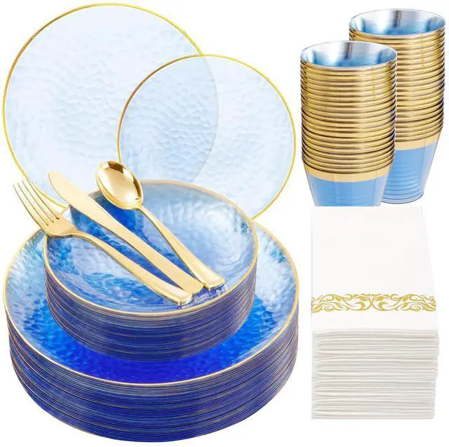Main image of 175 Pcs Plastic Dinnerware Set (25 Guests), Blue Disposable Plates With Gold Rim, Hammered Party Plates Set Include Dinner Platos, Dessert Platos, Cups, Cutlery And Napkins for Party