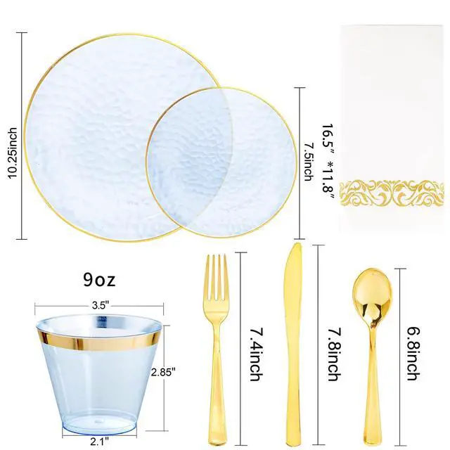 Alt view image 2 of 7 - 175 Pcs Plastic Dinnerware Set (25 Guests), Blue Disposable Plates With Gold Rim, Hammered Party Plates Set Include Dinner Platos, Dessert Platos, Cups, Cutlery And Napkins for Party