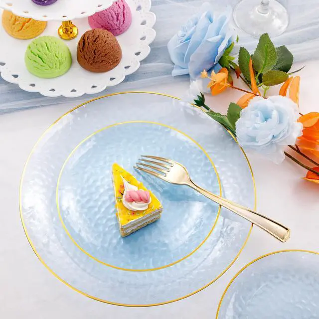 Alt view image 3 of 7 - 175 Pcs Plastic Dinnerware Set (25 Guests), Blue Disposable Plates With Gold Rim, Hammered Party Plates Set Include Dinner Platos, Dessert Platos, Cups, Cutlery And Napkins for Party