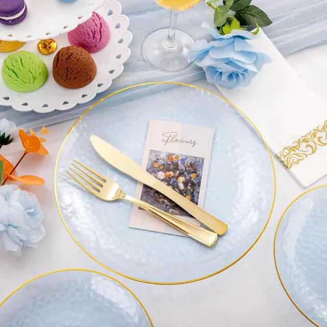 Alt view image 6 of 7 - 175 Pcs Plastic Dinnerware Set (25 Guests), Blue Disposable Plates With Gold Rim, Hammered Party Plates Set Include Dinner Platos, Dessert Platos, Cups, Cutlery And Napkins for Party