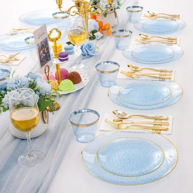 Alt view image 7 of 7 - 175 Pcs Plastic Dinnerware Set (25 Guests), Blue Disposable Plates With Gold Rim, Hammered Party Plates Set Include Dinner Platos, Dessert Platos, Cups, Cutlery And Napkins for Party