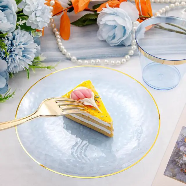 Alt view image 5 of 7 - 175 Pcs Plastic Dinnerware Set (25 Guests), Blue Disposable Plates With Gold Rim, Hammered Party Plates Set Include Dinner Platos, Dessert Platos, Cups, Cutlery And Napkins for Party