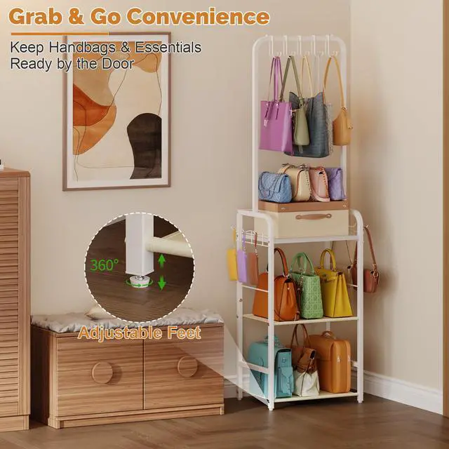 Alt view image 5 of 7 - Tall Purse Organizer for Closet with 5 Purse Hanger & 6 Side Hooks, 4 Tier Floor-Standing Purse Rack Stand for Purse Storage, Narrow & High-Capacity Handbag Organizer, Backpack Storage for Small Place