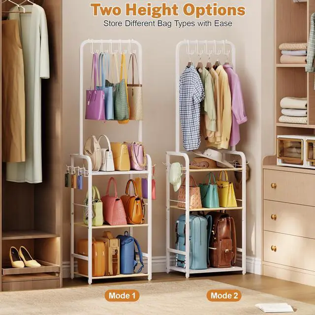 Alt view image 4 of 7 - Tall Purse Organizer for Closet with 5 Purse Hanger & 6 Side Hooks, 4 Tier Floor-Standing Purse Rack Stand for Purse Storage, Narrow & High-Capacity Handbag Organizer, Backpack Storage for Small Place
